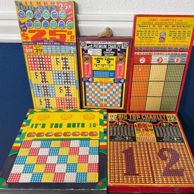 5) Vintage Gaming Punch Boards - Its The Nuts - (2) Premium - Big Top Charley - Camel - Two-bits