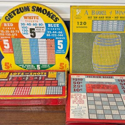 (4) Vintage Game Punch Boards - Lots Of Shots - Getzum Smokes - A Barrel Of Winners - Premium Board