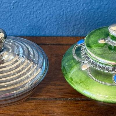 Moroccan Pottery Lidded Trinket Dish, Clear Glass Silver Ribbed Trinket Dish