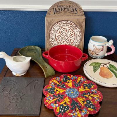 Pottery Spoon Holder, (4) Trivets, Vintage Mug, Handled Dish, Goose Creamer, And More
