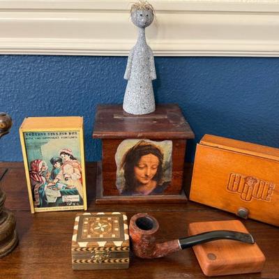 Inlay Wood Trinket Box, Shakman Fortune Telling Box, G I Joe Watch Box (no Watch), Pipe, Pepper Grinder, Etc.