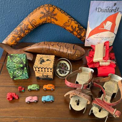 Wood Boomerang, Evans Puzzle Whale, Spinning Top, Metal Bob Ice Skates, And A Dunford Kite