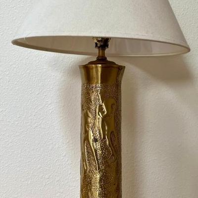 Vintage Hammered Brass Table Lamp With Wood Base And Material Shade
