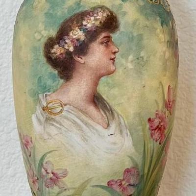 Vintage Royal Bonn Germany Art Nouveau Hand Painted Portrait Vase Signed Dingendorf