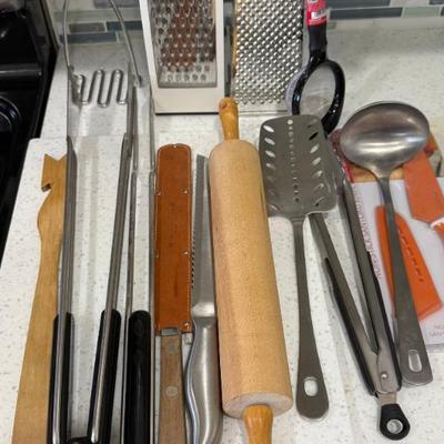 Assorted Kitchen Utensils - Rolling Pin, Graters, Masher, Tongs, Spoons, Knives, And More