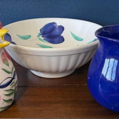 Made In Italy 12" Pasta Bowl, Blue Ceramic Pitcher, And A Hand Painted Rooster Pitcher