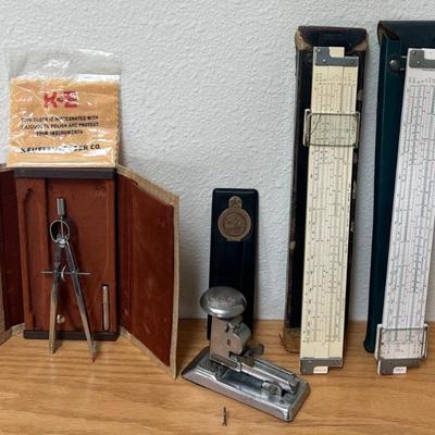 Vintage Keuffel & Esser Co. Slide Ruler And Drawing Compass, Brass Letter Opener, Cadet Model 2 Stapler