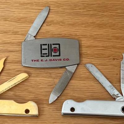 (3) Small Pocket Knives - Zippo Advertising, Basset USS Gold Tone, And Silver Tone