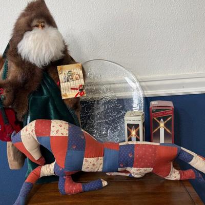 Vintage Russian Santa, Antique Quilted Horse, And (2) Electric Candle Lamps