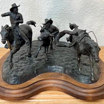 Don Polland 1978 Limited Edition Steer Wrestling Bronze 117 Of 350 With Wood Base