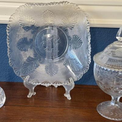 Antique Etched Glass Candy Dish, Crystal Perfume Bottle, And Leaf Pattern Serving Bowl