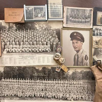 
Collection Of WWII Photographs, Fourth Anti Aircraft Training, Good Year Tire Buttons, WWII Leggings, Etc