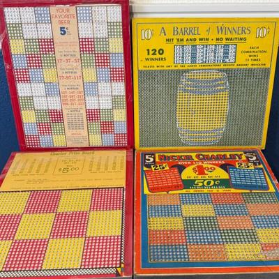 (4) Vintage Game Boards - Barrel Of Winners - Nickel Charley - Your Favorite Beer - Charley Prize Board