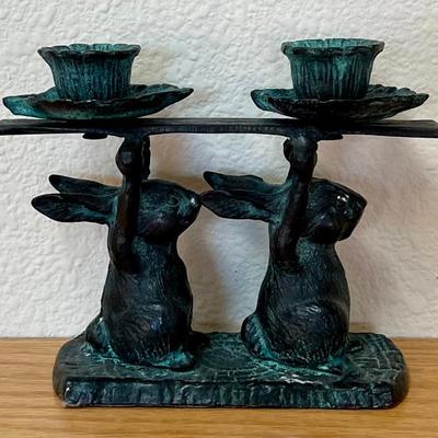 Small Patina Cast Iron Rabbit Double Candle Holder