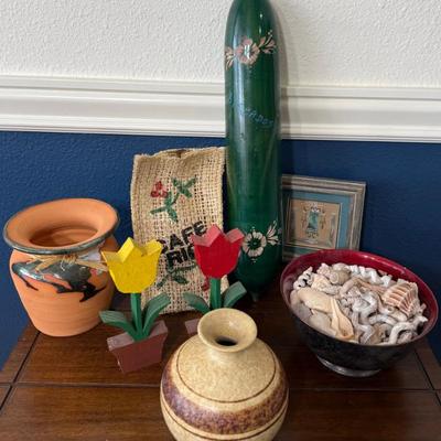 
Vintage International - Barbados Seed Pod, Shells, Johnson Sand Painting, Dominican Republic Vase, And More