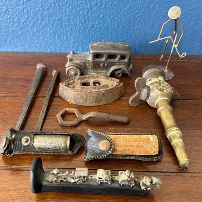 (2) Antique Schrader Tire Gages, The Fairy Copper Hose Nozzle, (2) Cast Iron Nails, Cast Iron Toys