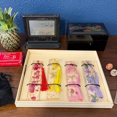 Dresser Lot - Hhrtyeug Flower Resin Book Marks, Asian Black Lacquer Box, Enamel Pineapple, Digital Calendar