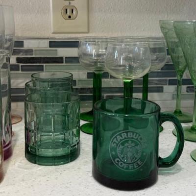 Assorted Colored Glasses - Green Depression Glass, Anchor Hocking High Ball, And More
