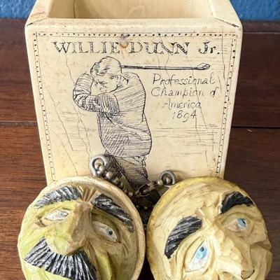 Commemorative Scribed Golf Pen Holder With Two Face Carved Golf Balls