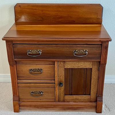 Antique Oak Three Drawer Wash Stand With Decorative Metal Pulls