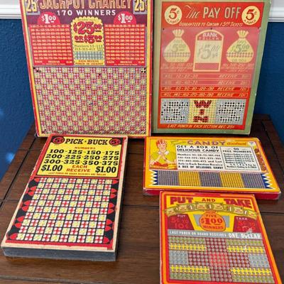 (5) Vintage Gaming Punch Boards - Jack Pot Charley, Pick-a-buck, Candy, Put And Take, The Payoff