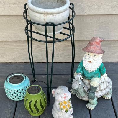 Small Yard Art Lot - Plant Stand, Resin Bunny And Gnome, Planter, And More