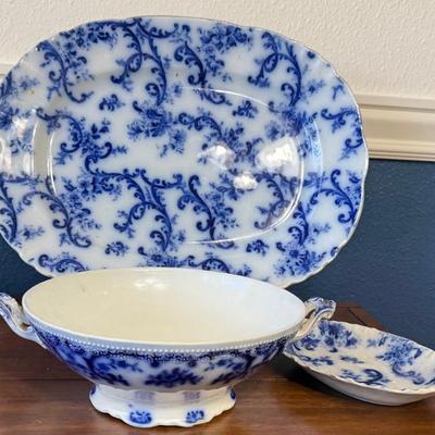 
(3) Antique Ironstone Blue Willow Platter, Plate, And W. H. Grindley Co. Handled Dish (as Is)