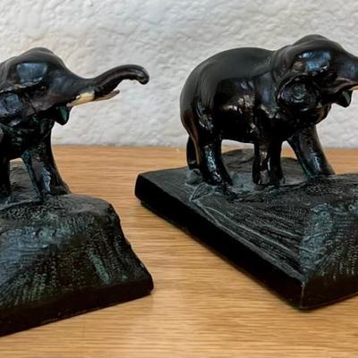 Pair Of Vintage Bronze Tone Metal Elephant Figurines