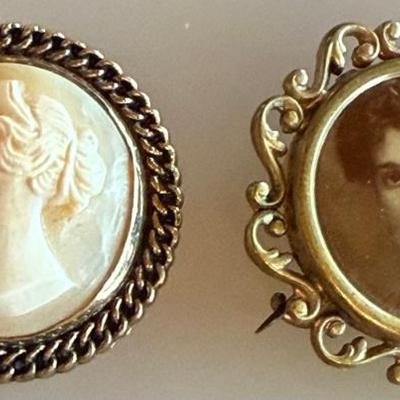 Antique Brass Picture Brooch & Atamore Vintage Gold Filled Cameo Pin