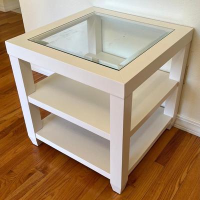 White 3 Tier Wood And Veneer Side Table With Beveled Glass Top Insert
