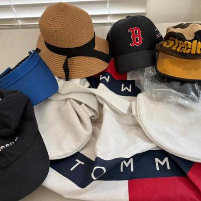 Vintage Tommy Hilfiger Duffel Bag With Assorted Hats - Pitsburg Steelers, Spiderman, Red Sox