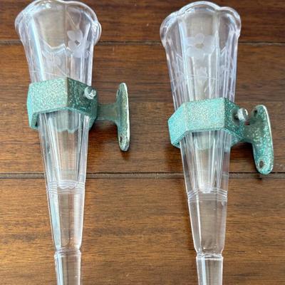 Pair Of Antique Automobile Etched Glass Bud Vases With Metal Holders