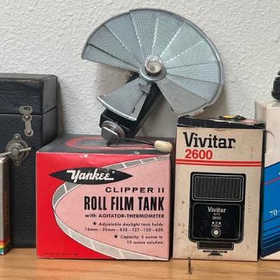 Vintage Camera Lot - Tokina SZ-X 210 Lens, Vivitar 2600 Flash, Yankee Roll Film Tank, Tiffen 52mm, And More