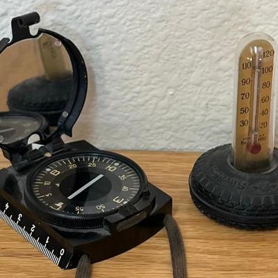 Vintage Soviet Tactical Field Compass And A Goodrich Silvertown Advertising Thermometer