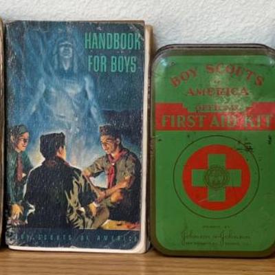 
Vintage Boy Scouts Lot - Handbook For Boys 1928 And 1952, First Aid Kit Case, Boys Cubbook 1935 (as Is)