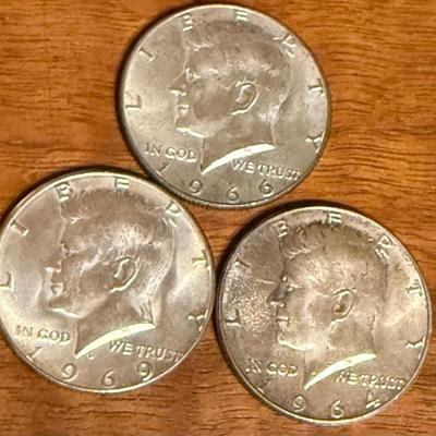 
(3) Kennedy Silver Half Dollar Coins 1964 - 1966 - 1969