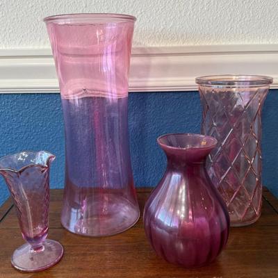 Fenton Diamond Optic Vase, Pilgrim Cranberry Glass Hand Blown Optic Vase, (2) Pink Glass Flower Vases