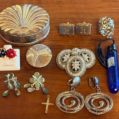 Vintage Dresser Lot - Hickok Cuff Links - Rex SP Compact -Night In Paris Cobalt Perfume - Antique Pin