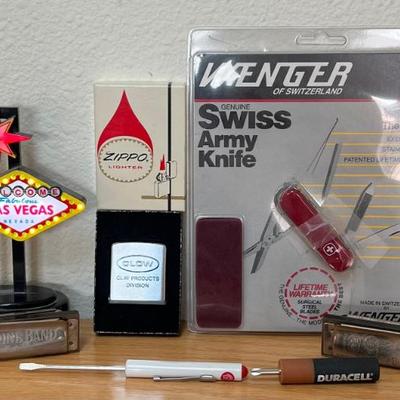 Collectible Lot - Zippo Advertising Tape Measure, Las Vegas Light Up Sign, Swiss Army Knife, Screw Drivers