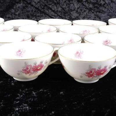 Vintage "Charmaine" Cherry China Teacups (Set of 14) | Made in Japan, Pink Rose x 2 Black Trays