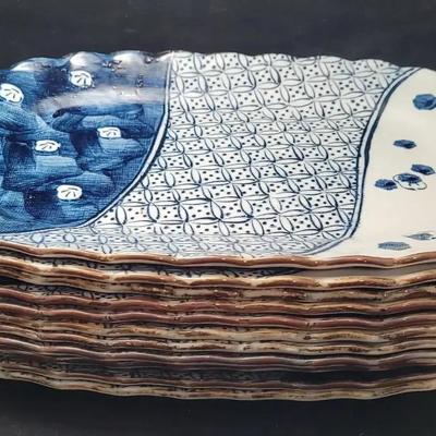 Set of 11 Seto-Yaki Kinzan-Gama Oval Plates - Japanese Plum Blossom Porcelain