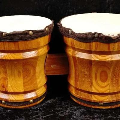 Mark II Vintage Wooden Bongo Drums - Two-Tone Natural Wood with Gold Hardware