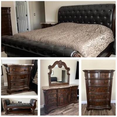 6-Pc King Bedroom Collection with Granite Tops & Leather Accents