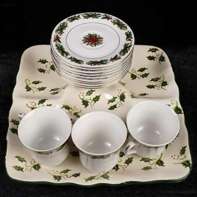 Gold-Rimmed Christmas Coffee Set & Serving Platter - 13 Piece Holiday Lot