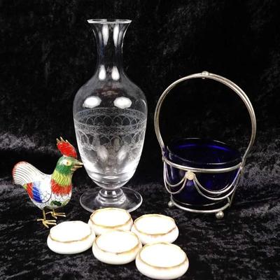 Vintage Fine Art Lot: Joli Coq Bronze Cloisonné, Wedgwood Glass & Royal Austria Set