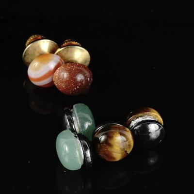 Nephrite Jade & Agate Cabochon Stud Earrings & Magnet Clip-ons