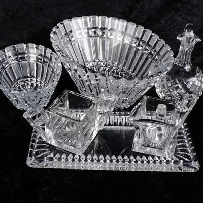 Vintage European 24% Leaded Crystal Cross Hatch & Panel Serving Set