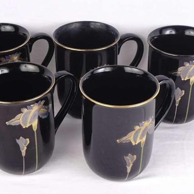 LOT OF 5 Vintage Otagiri  Black Golden Iris Japan Gold Trim  Mug