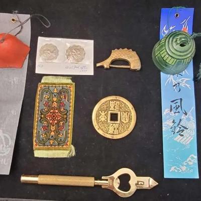 Asian Metal Bell Wind Chimes, Coins, Tobacco Rug, Hong Kong Coins & Bottle Opener Lot
