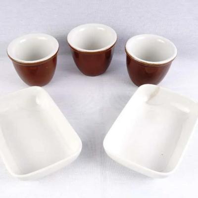 Hull Pottery Glazed Brown 6-Inch Bowls & White Rectangular Serving Dishes - Multi-Piece Set